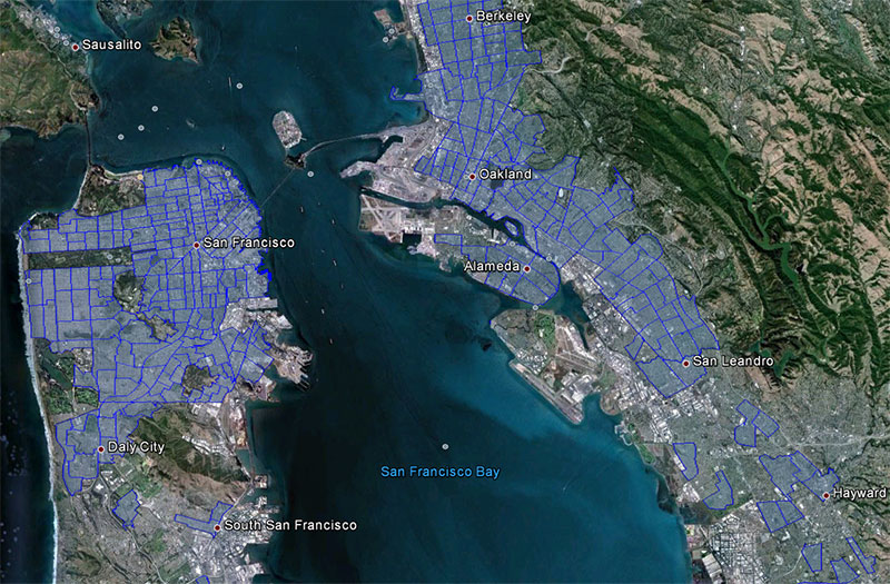 Example Google Earth view of San Francisco Bay Area Opportunity Areas